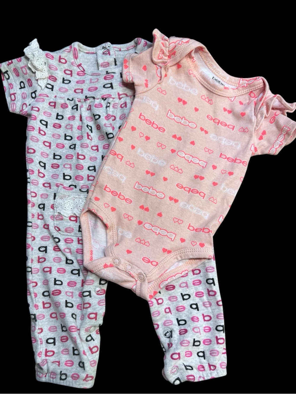 bebe 2 pc. Set Gray Romper w Lace detail & Pink Bodysuit all over logo